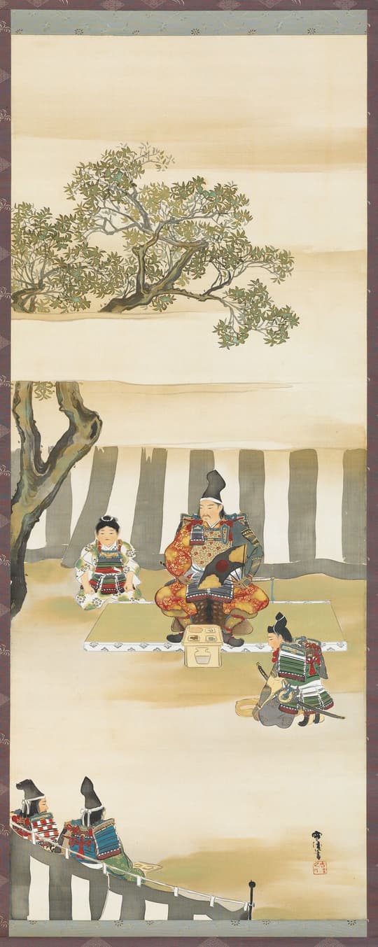 Samurai and Child in Garden Pavilion