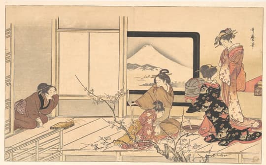 “Preparing Food for the Warbler,” from the album Men’s Stamping Dance (Otoko dōka, uguisu no esa suri), by Kitagawa Utamaro, 