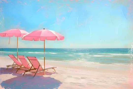 Pink Umbrellas on Sandy Beach