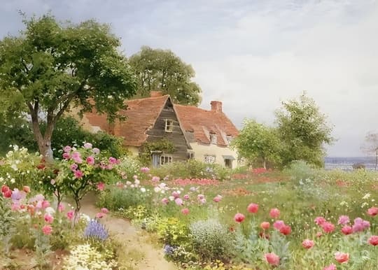 Cottage Garden with Pink Roses