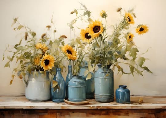 Sunflowers in Blue Vessels