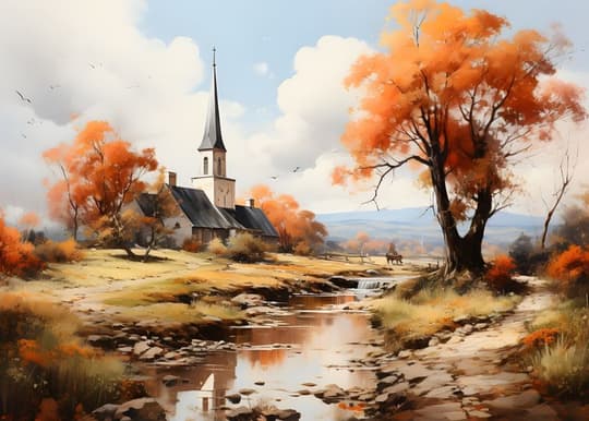 Autumn Church by the Stream