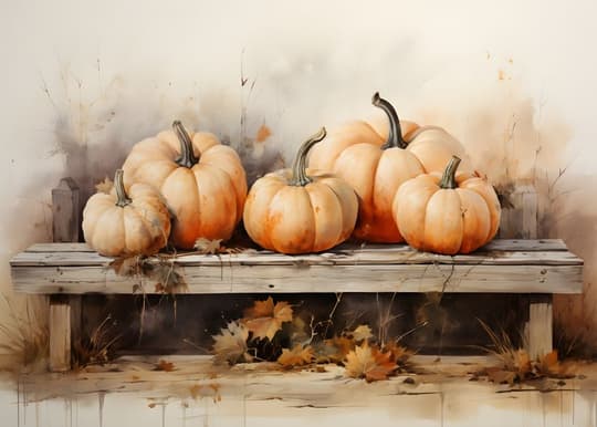 Autumn Pumpkins on Wooden Bench