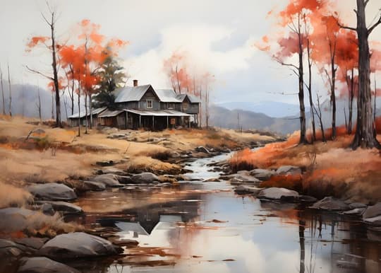 Autumn Cottage by the Stream