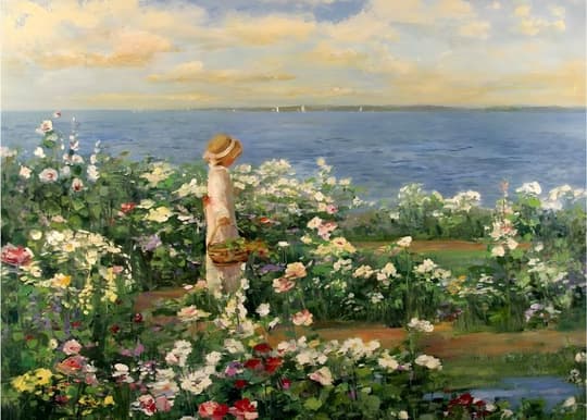 Girl in Flower Garden by the Sea