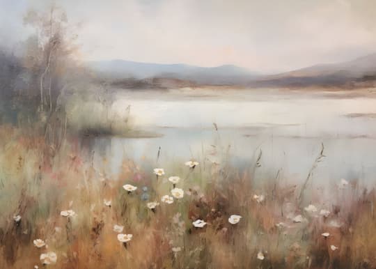 Misty Lake with Wildflowers