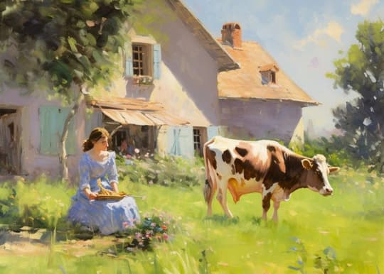 Woman and Cow by Countryside Cottage