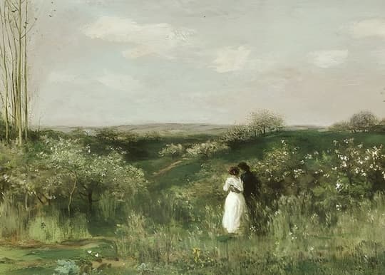 Woman in White Gown in Spring Meadow