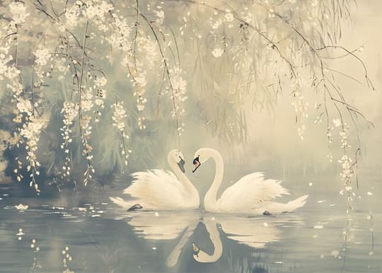 Swans Beneath Weeping Willows