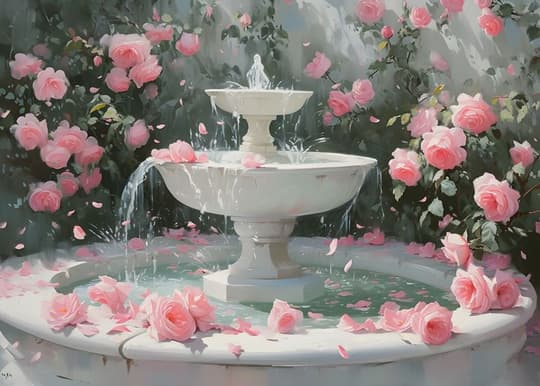 Garden Fountain with Pink Roses