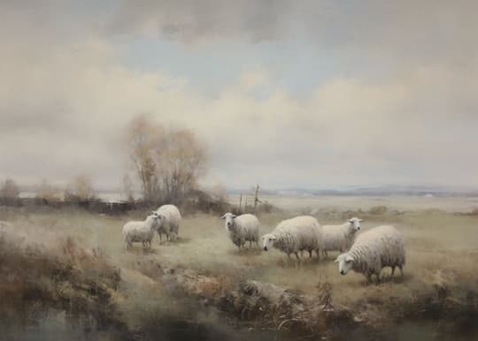 Sheep in Misty Meadow