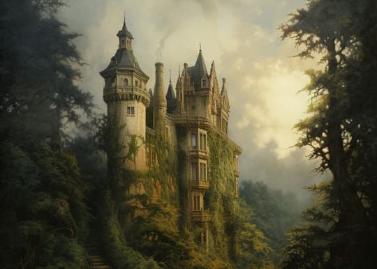 Ivy-Covered Castle in Misty Forest