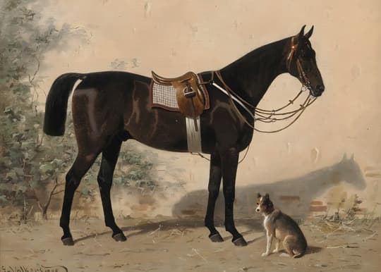 Saddled Horse with Dog