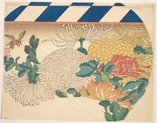 Chrysanthemums in Fan-shaped Design, by Utagawa Hiroshige, 1840s