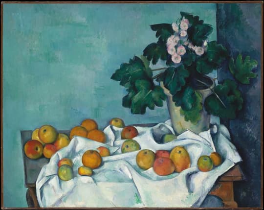 Still Life with Apples and a Pot of Primroses, by Paul Cézanne, ca. 1890