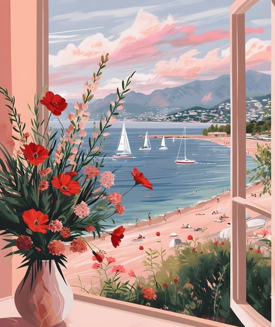 Coastal View with Red Flowers