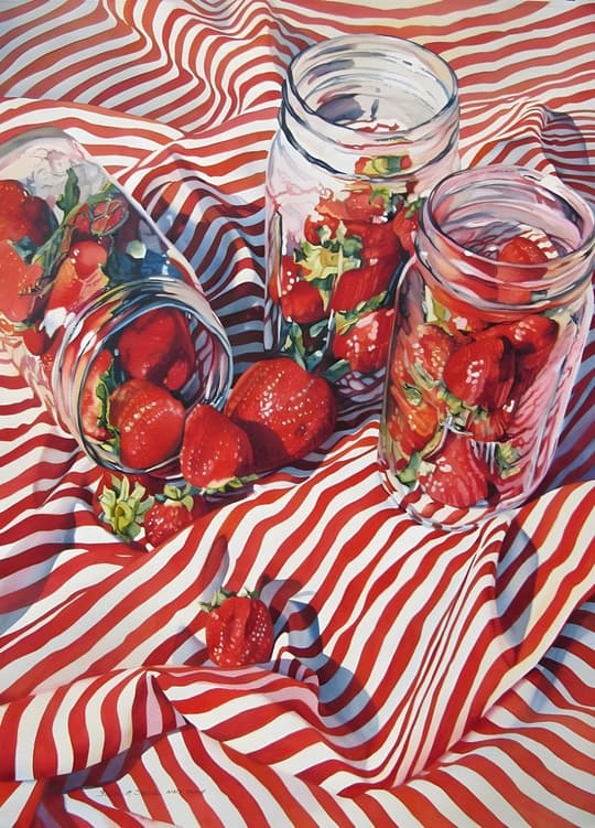 Strawberry Jars on Striped Cloth