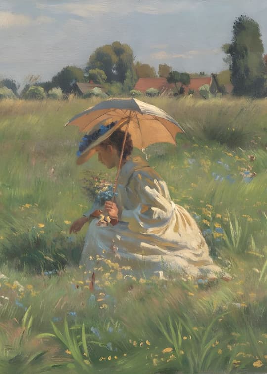 Woman with Parasol in Meadow