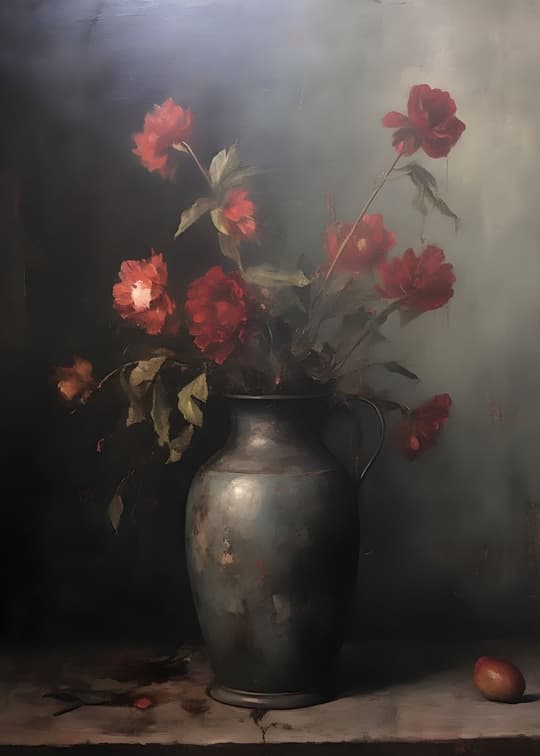 Crimson Roses in Metallic Vase