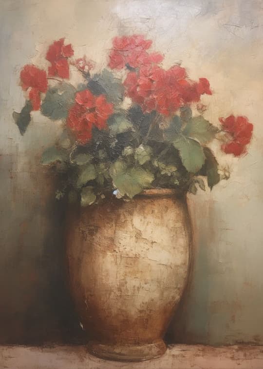 Red Geraniums in Earthenware Vase