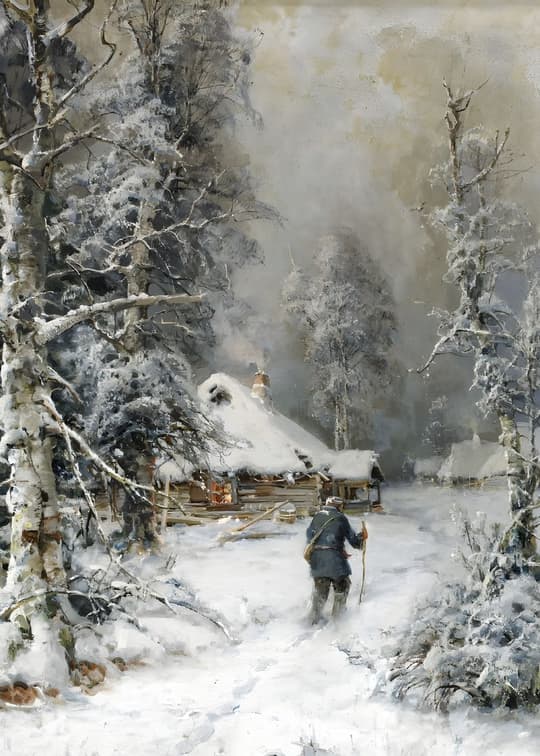 Winter Cabin in Birch Forest