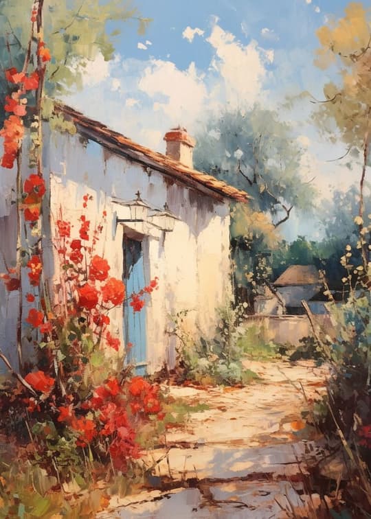 Cottage with Red Flowers