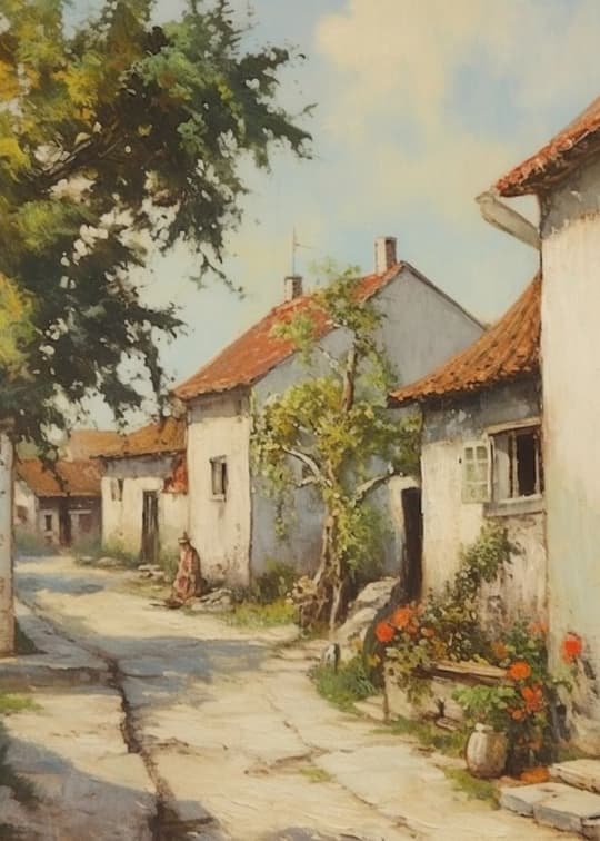 Village Lane with Red Roofs