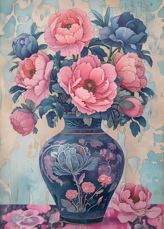 Pink Peonies in Blue Vase