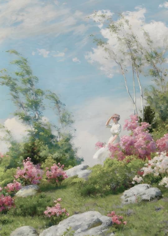 Woman in Garden with Pink Flowers