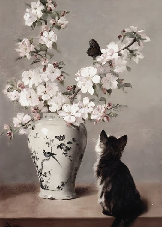 Cat with Blooming Flowers