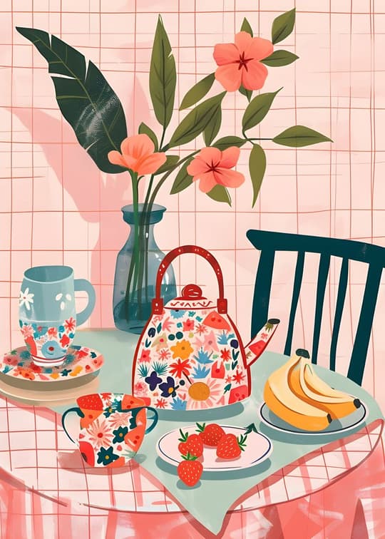 Cottage Tea with Coral Blooms
