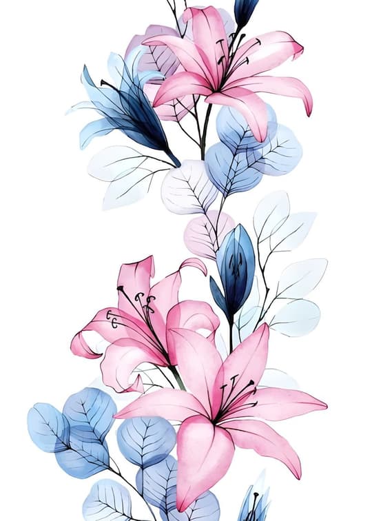 Pink Lilies & Blue Leaves