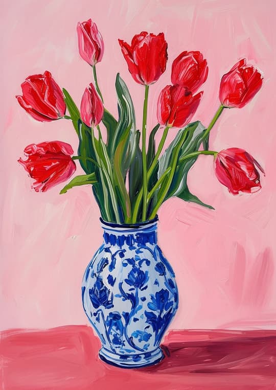 Red Tulips in Blue Vase