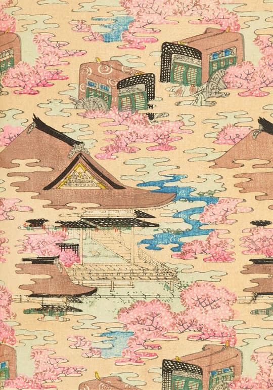Cherry Blossoms Over Temple Garden