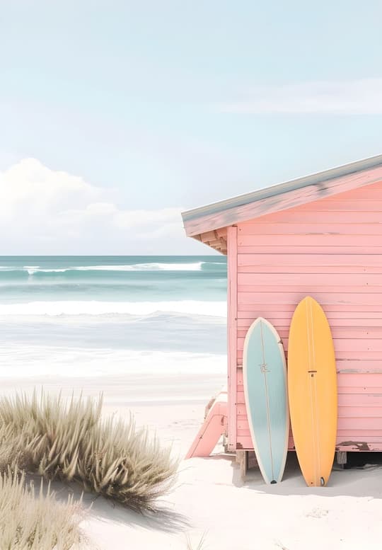 Pink Beach Hut with Surfboards