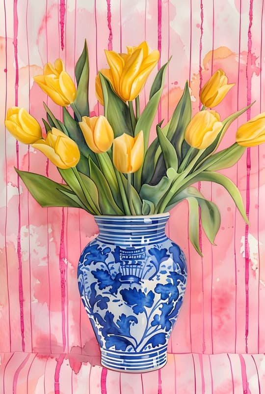 Yellow Tulips in Blue Vase