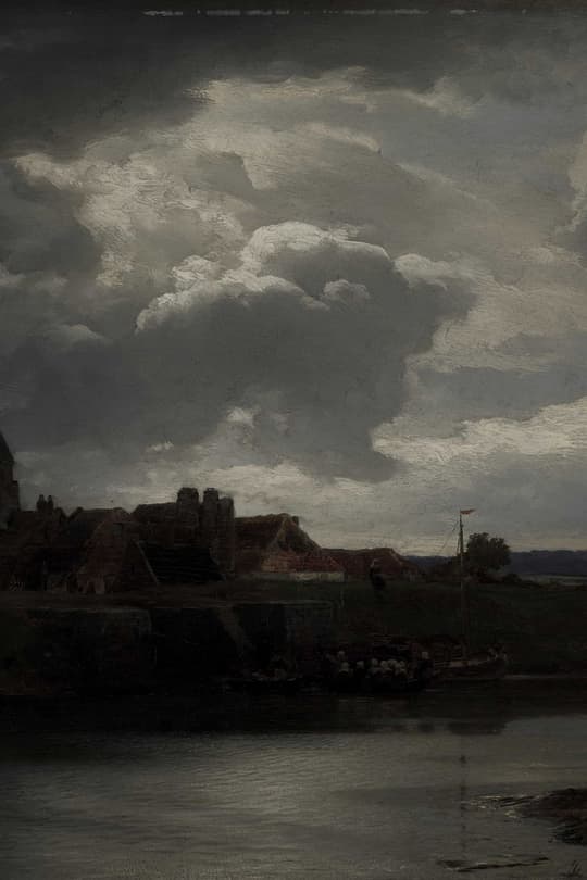 Riverside Castle Under Stormy Skies