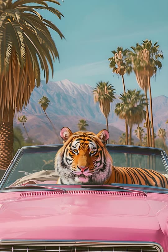 Tiger in Pink Convertible