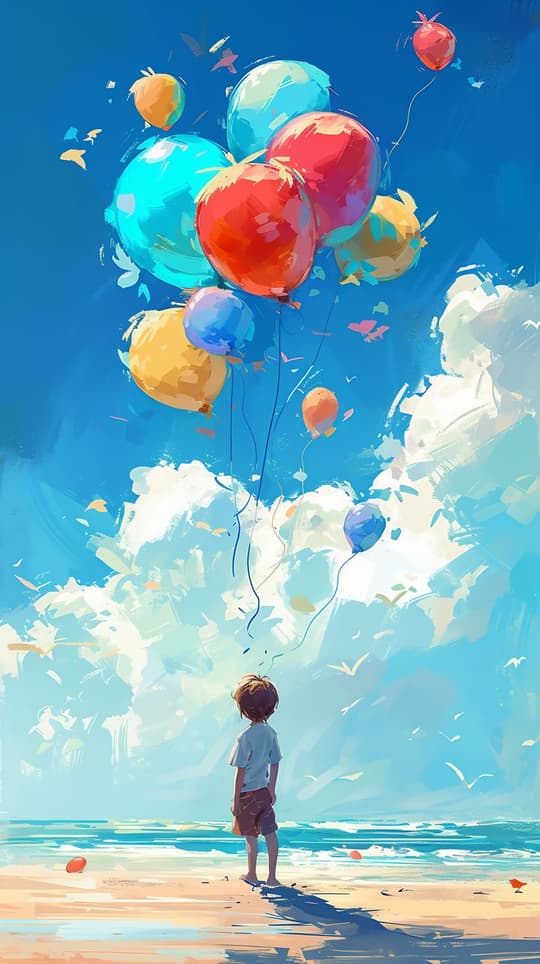 Child with Balloons at Beach